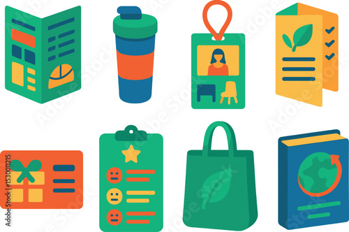 Fashion Show Essentials. Isometric flat vector set of illustrations of fashion show attendee kit: schedule brochure, reusable