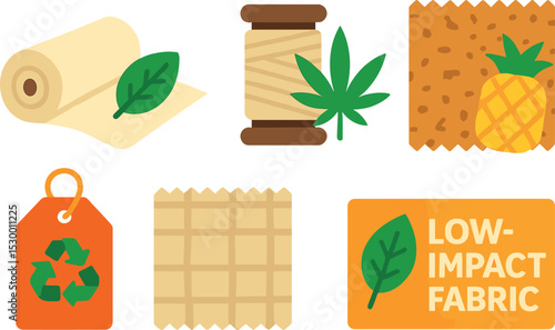 Sustainable Fashion Icons. Isometric flat vector set of illustrations of sustainable fashion materials: organic cotton roll, hemp