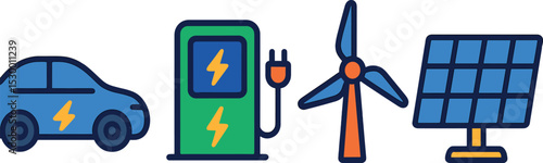 Clean Energy Icons. Isometric flat vector illustration of a clean energy station combining EV chargers, wind turbine, and solar