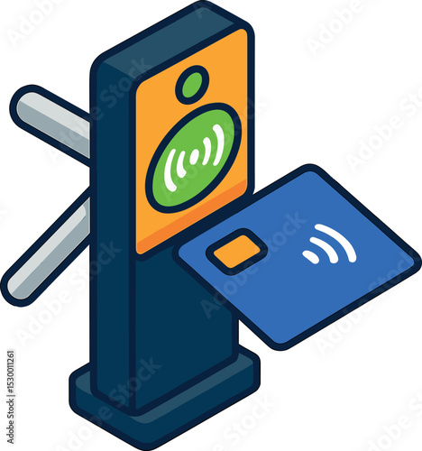 Contactless Transit Tap. Isometric flat vector illustration of a contactless transit card being tapped at a turnstile with green