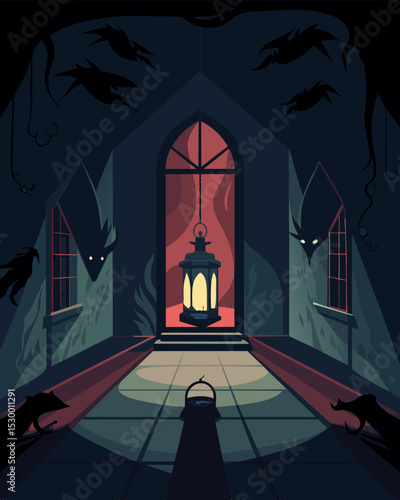The dim lighting of the gaslights added to the illusion of being ped in a neverending nightmare within the room.. Vector illustration