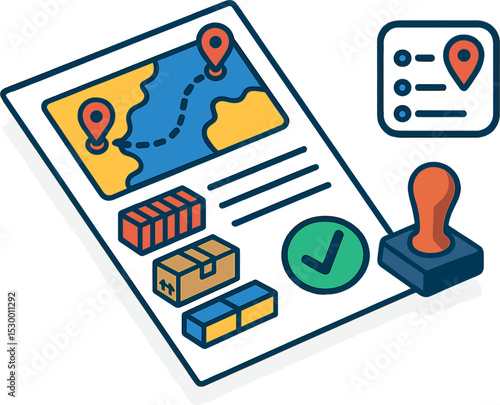 Colorful Shipping Icons. Isometric flat vector illustration of a shipping manifest document with route coordinates, cargo list,