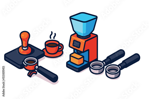 Barista Tools Icons. Isometric flat vector illustration of a barista work area with tamping mat, espresso tools, grinder, and
