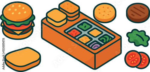 Burger Assembly Icons. Isometric flat vector illustration of a fast food burger assembly station with buns, patties, and topping