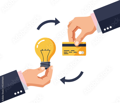 Business transaction exchange concept with lightbulb and credit card vector illustration for innovative ideas and payment solutions 