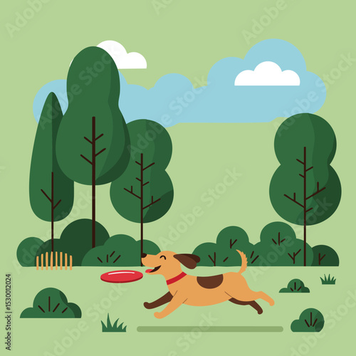 Dog playing with frisbee in green park with trees and bushes under blue cloudy sky vector illustration 