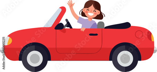 Girl driving red convertible car smiling and waving hand in cheerful summer vector illustration 