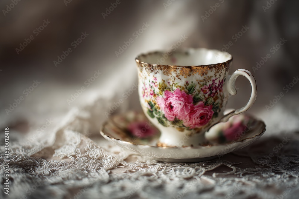 Fototapeta premium Delicate teacup with floral design resting on lace.