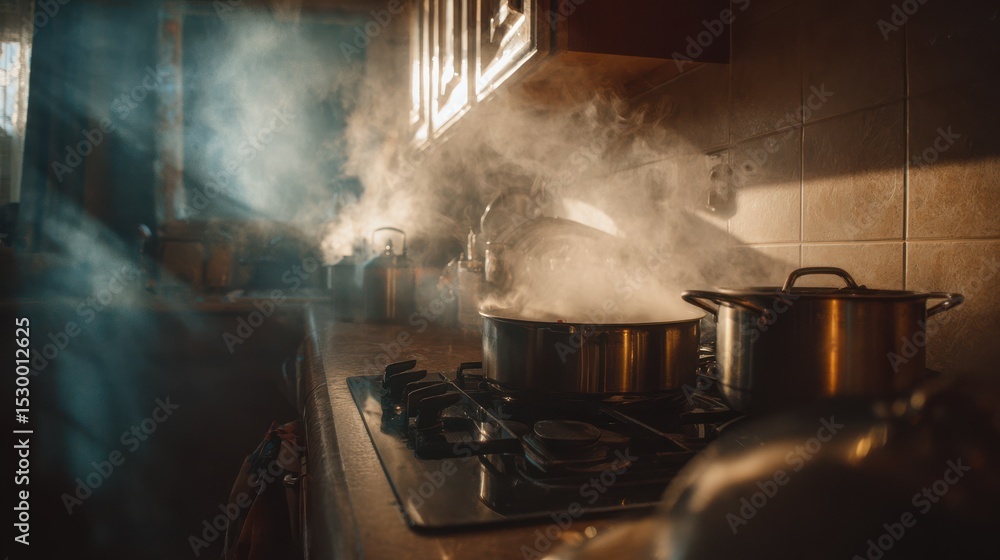 In a warmly lit kitchen, steam billows from pots on the stove as sunlight streams through the window, illuminating the bustling cooking atmosphere filled with delicious aromas In a warmly lit kitchen, steam billows from pots on the stove as sunlight streams through the window, illuminating the bustling cooking atmosphere filled with delicious aromas