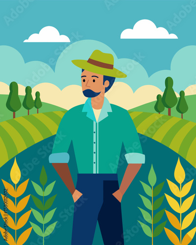 A farmer stands amidst a field of genetically modified crops developed to increase yield. However the abundance of genetically identical plants is vulnerable to disease and pests. Vector illustration