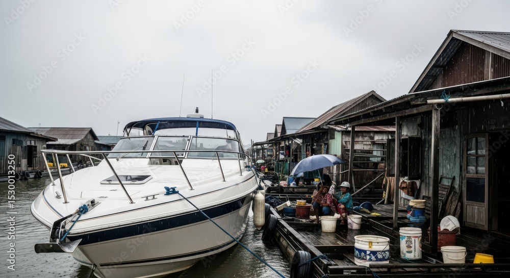 Fototapeta premium Luxury boat docked near rustic waterfront village in rain