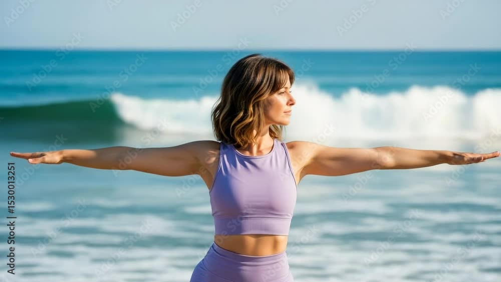 Femme française pratiquant le yoga sur la côte marine avec les vagues en arrière-plan - Journée mondiale de la santé mentale