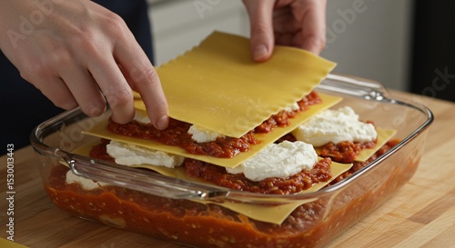 Person layering lasagna noodles over meat sauce and ricotta cheese in a glass baking dish