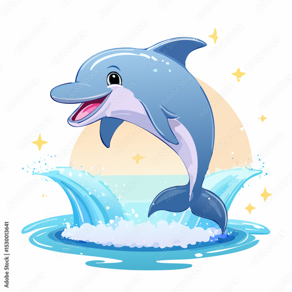 Obraz premium A playful cartoon dolphin jumping out of the water with stars around it art