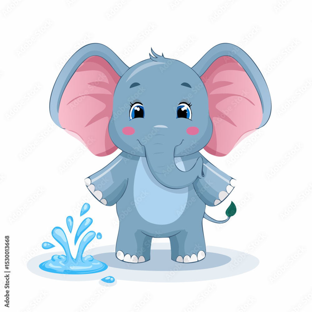 Fototapeta premium A cartoon elephant standing near a puddle of water with a happy expression on face