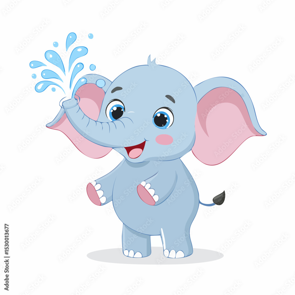 Obraz premium Cartoon baby elephant spraying water from its trunk with a happy expression