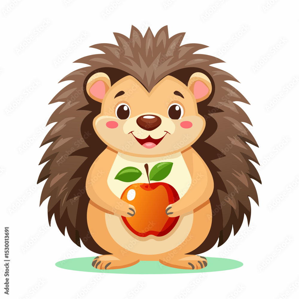 Obraz premium Cartoon hedgehog holding a red apple with green leaves in a bright setting