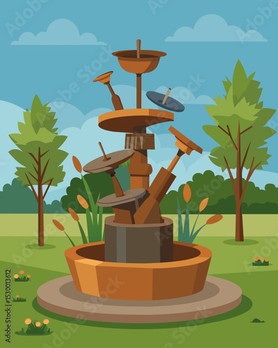 A garden sculpture made from rusty old tools and broken garden pots brings new life to a neglected corner of a public park.. Vector illustration