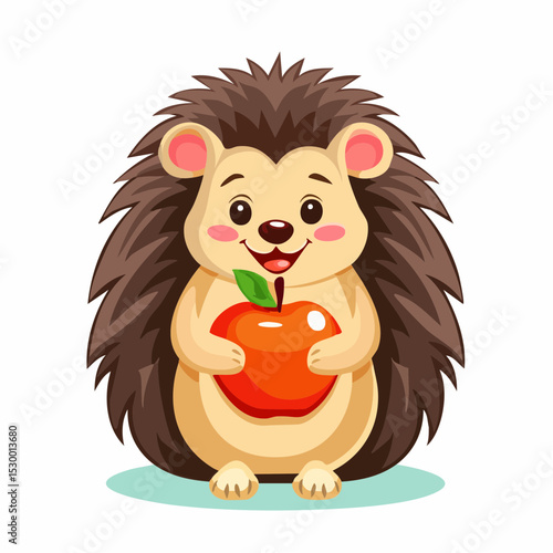 Cartoon hedgehog holding a red apple with a leaf and smiling on a white background