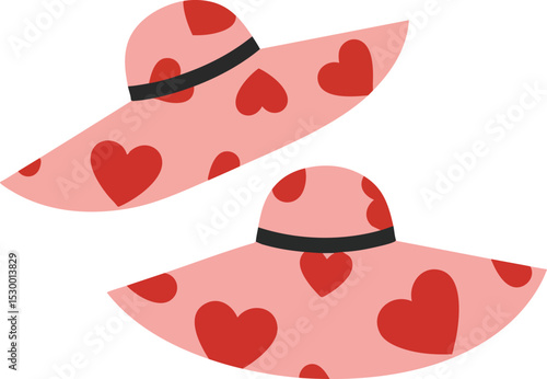 Pink wide brim hats with red heart patterns accessory for romantic occasions and summer fashion style 