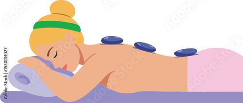 Woman receiving hot stone massage therapy on back for relaxation and wellness in spa environment 