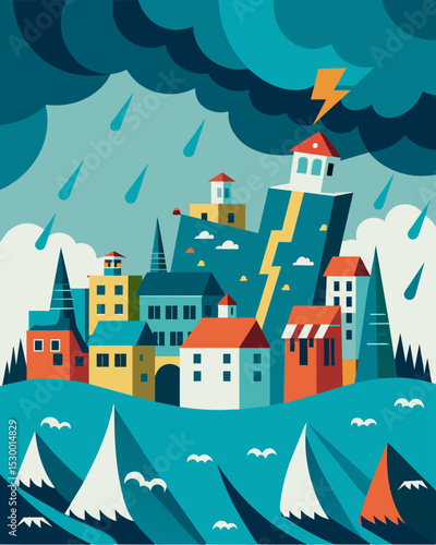 A coastal city hit by frequent and severe storms has seen a mass exodus of its population as they are forced to leave for safer and more stable environments.. Vector illustration