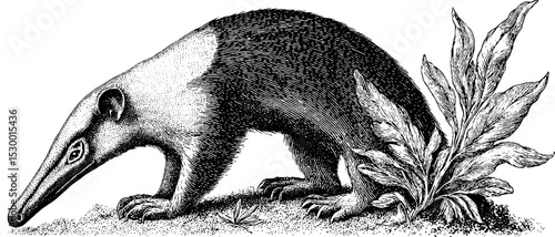 Anteater with elongated snout sniffing ground in detailed black and white artwork