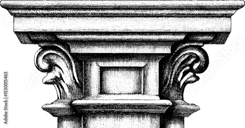 Detailed antique bookshelf cornice design with dotwork tattoo style