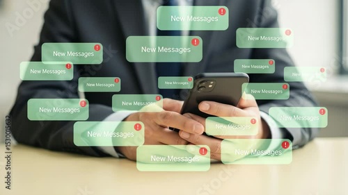 Businessman holding smartphone with new message notifications popping up on the screen around him