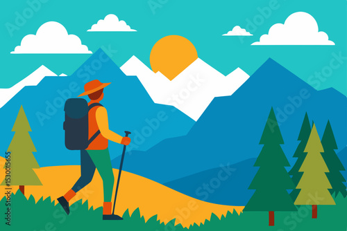 Vector illustration of a summer mountain landscape with trees, grass, and a blue sky with clouds
