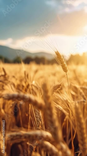 Golden wheat field with glowing sunlight beaming through the stalks and distant mountains on the horizon. Agriculture scenery of crops in rural countryside.