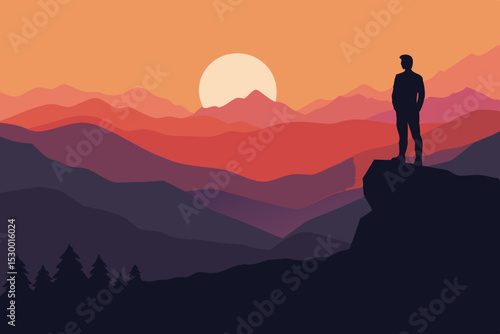 Man alone on a mountain top at sunset, a silhouette against the orange sky