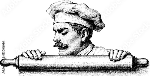 Classic baker with rolling pin dotwork art for culinary design