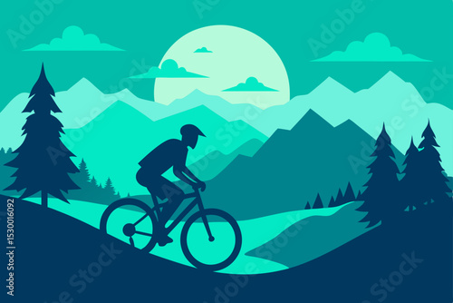 Mountain biker silhouette riding a bicycle in the mountains