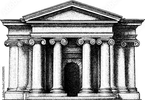 Classic bank building with columned entrance in dotwork style for architectural design