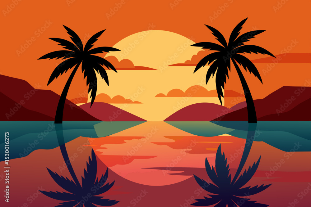 Golden sunset paints the tropical beach, casting silhouettes of palm trees against the vibrant sky over the calm sea Golden sunset paints the tropical beach, casting silhouettes of palm trees against the vibrant sky over the calm sea