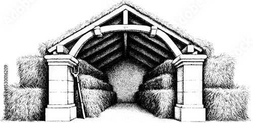 Rustic barn interior with stacked hay bales and pitchfork