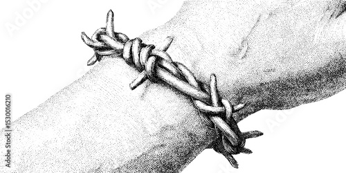 Barbed wire cuff tattoo design with dotwork technique on wrist