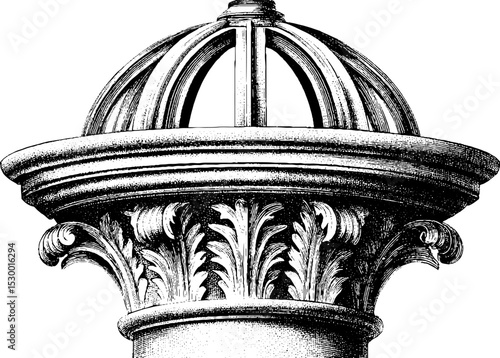 Intricate baroque dome lantern with ornate ribs and dotwork design for architectural inspiration