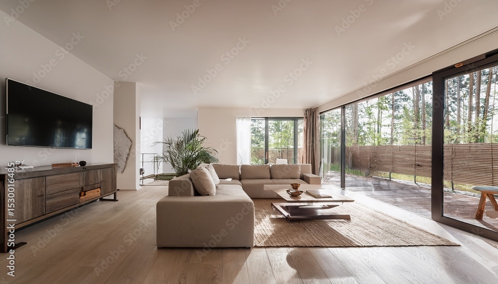 Fototapeta premium modern minimalist living room with open concept design and natural light