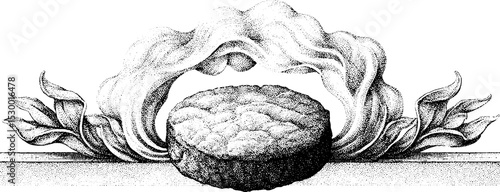 Sizzling beef patty with smoke in dotwork tattoo style design