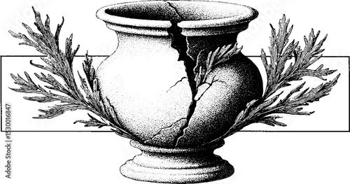 Vintage broken garden urn with large crack and creeping moss design for decor and restoration themes