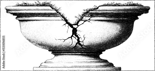 Vintage broken garden urn with large crack and creeping moss for rustic decor