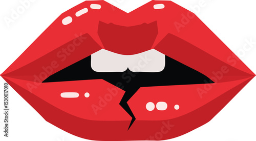 Red lips with crack and glossy highlights vector illustration in pop art style for fashion and beauty design 