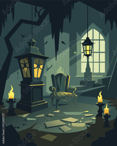 The pale glow of the gaslights ly illuminated the tattered furniture casting a haunting aura over the forgotten room.. Vector illustration