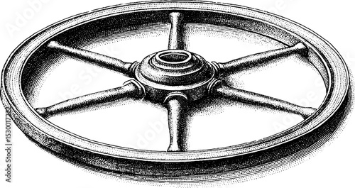 Antique cast iron wheel with detailed spokes and rustic texture for industrial design
