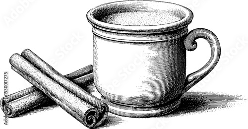Vintage dotwork mug with chai latte and cinnamon sticks art design