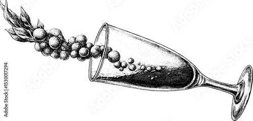 Dotwork tattoo design of champagne flute with rising bubbles for creative concepts