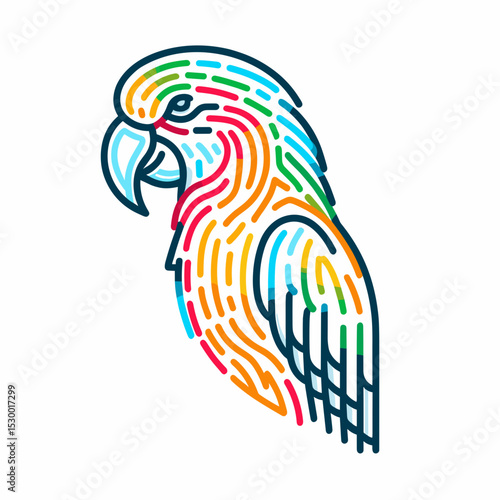 Colorful parrot illustration with abstract lines, artistic design on white background