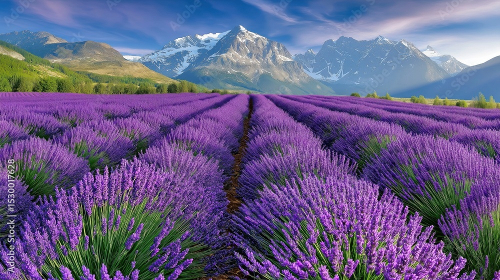 Obraz premium Fields of lavender bloom against majestic mountain backdrop during golden hour in serene landscape